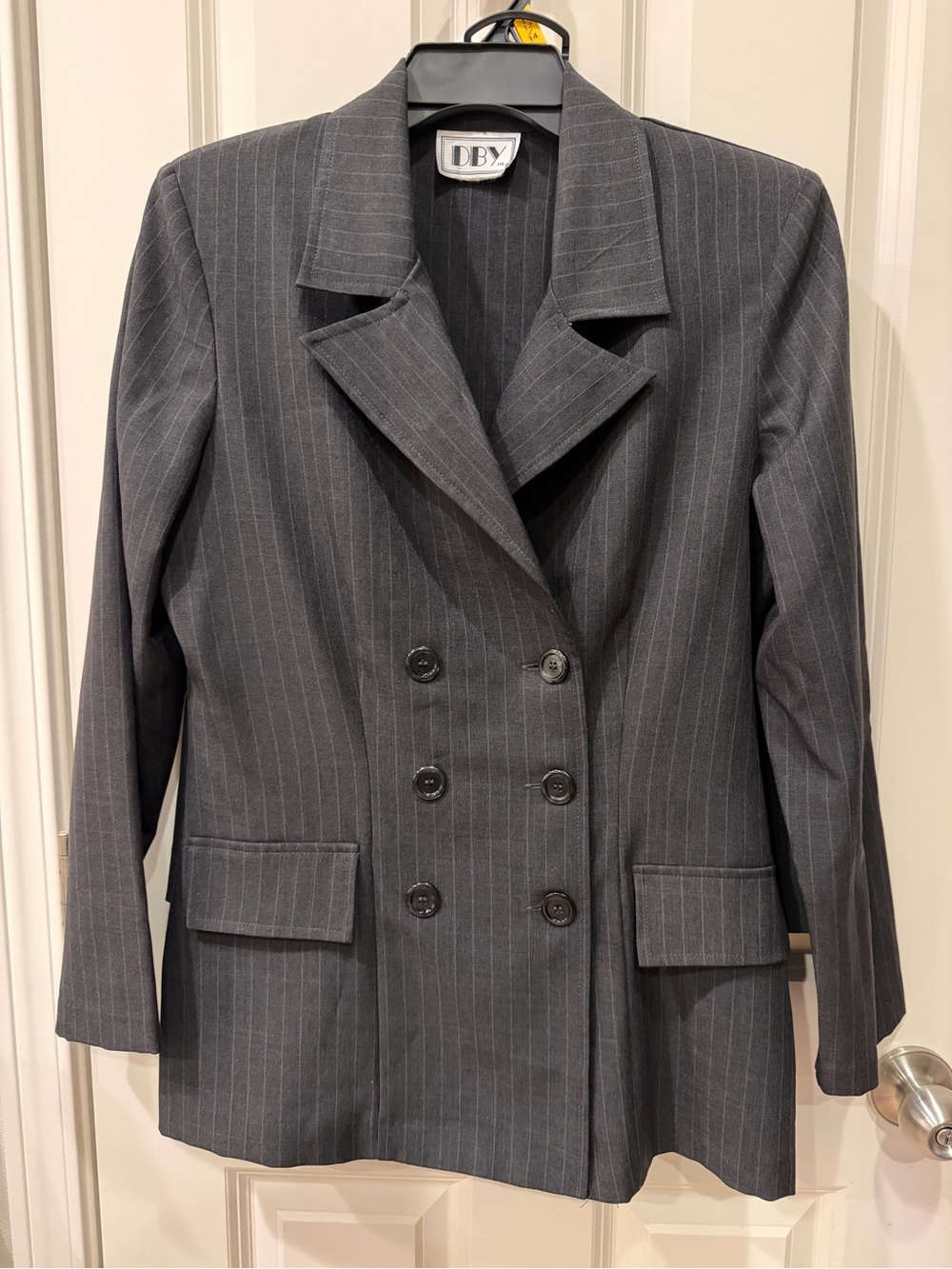 DBY Women's Double-Breasted Pinstripe Blazer and Skirt Set - Charcoal Gray